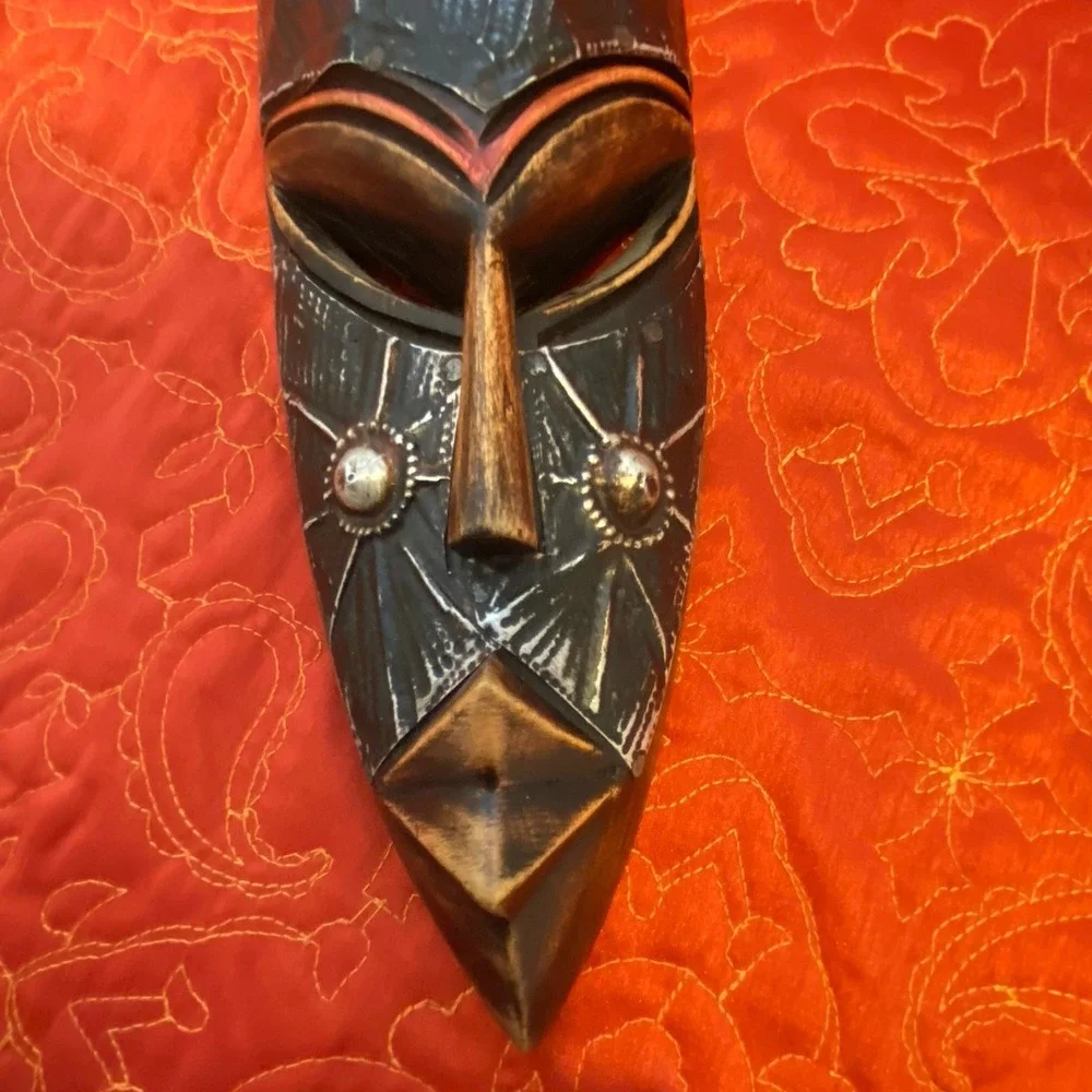 African‎ Tribal Style Wall Face Mask Hand Carved Wood Metal Clad Face Etching